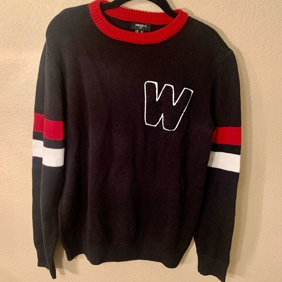 NEW Forever 21 Men’s Sweater Medium Black w/Red & White Stripes W Letter - Picture 1 of 8